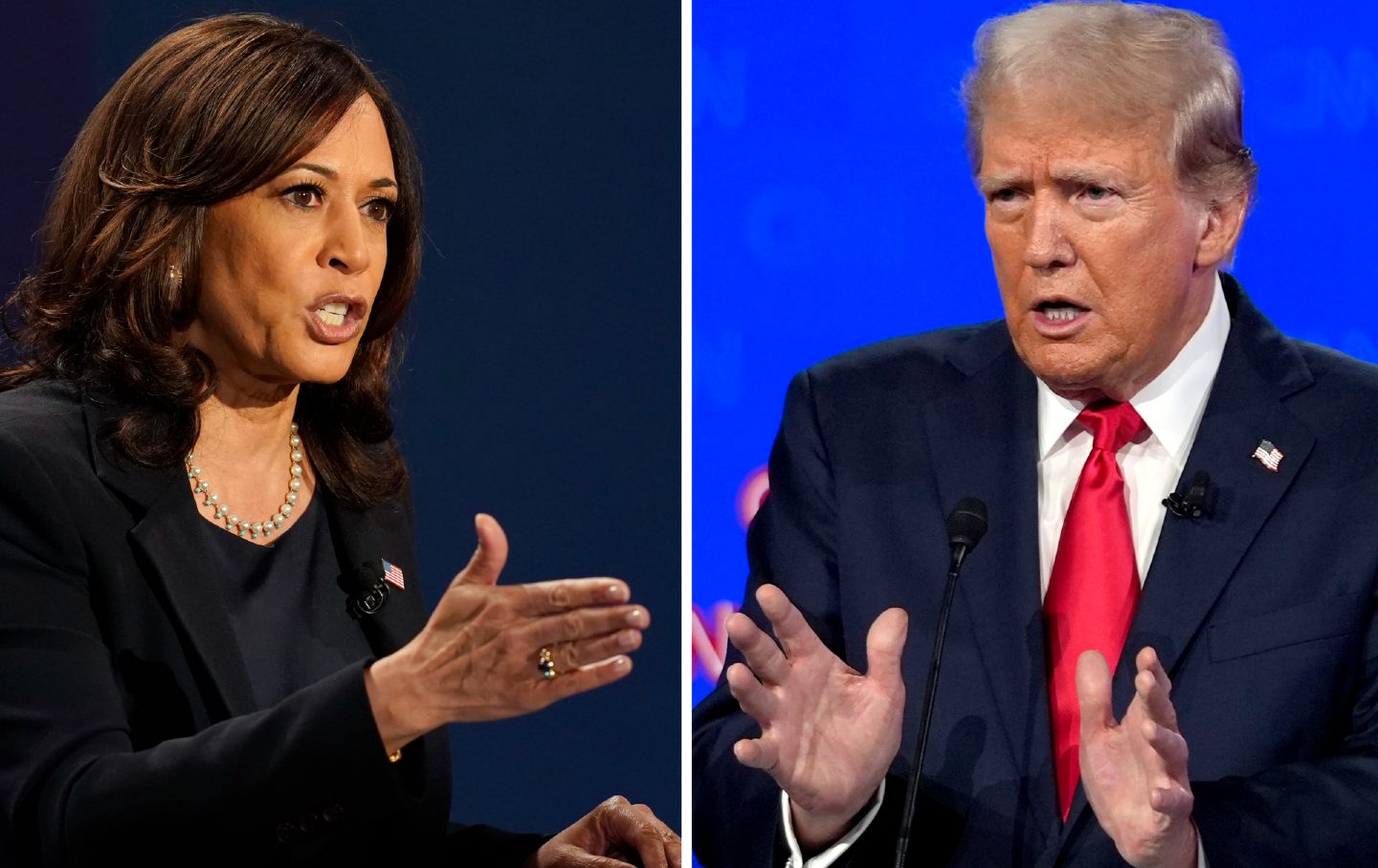 Democratic presidential candidate Senator Kamala Harris, speaks during a debate on October 7, 2020, in Salt Lake City, and Republican presidential candidate former president Donald Trump speaks during a debate on June 27, 2024, in Atlanta.