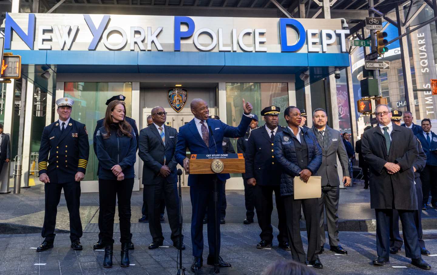 New York City Mayor Eric Adams speaks during a security briefing with former New York City Police Commissioner Keechant Sewell (R) and former FDNY Commissioner Laura Kavanagh (L).