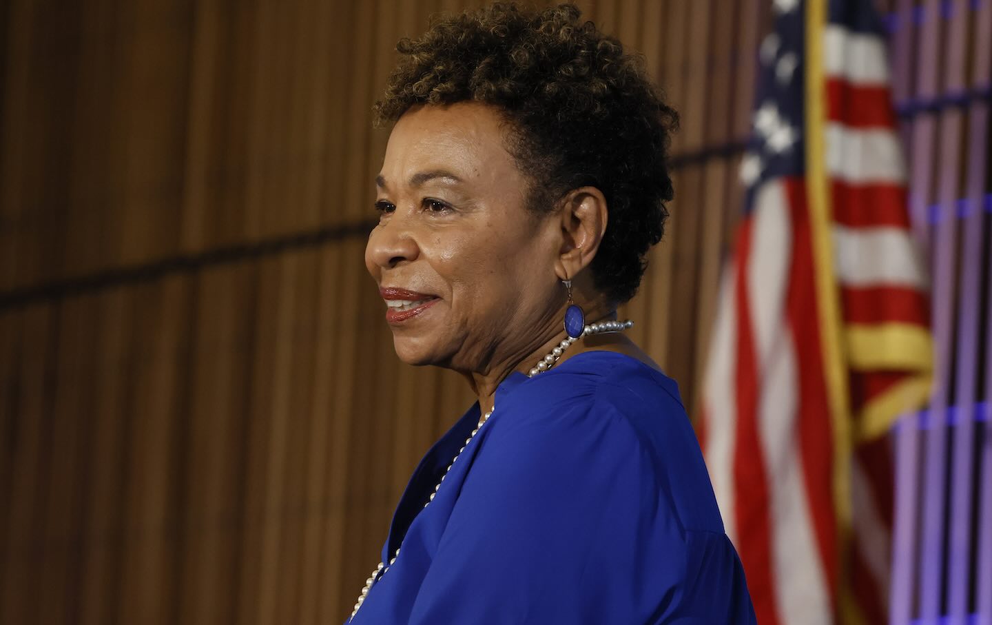 Representative Barbara Lee speaks at a town hall hosted by the advocacy group March for Our Lives at East LA College.