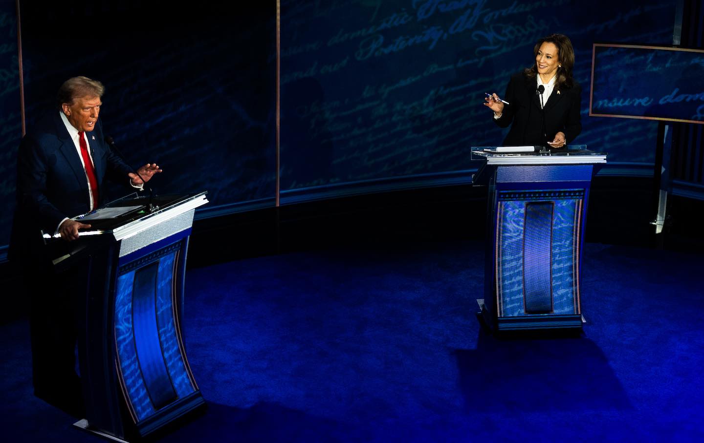 Democratic presidential candidate Vice President Kamala Harris and former president and Republican presidential candidate Donald Trump during the first presidential debate at National Constitution Center in Philadelphia on September 10, 2024.