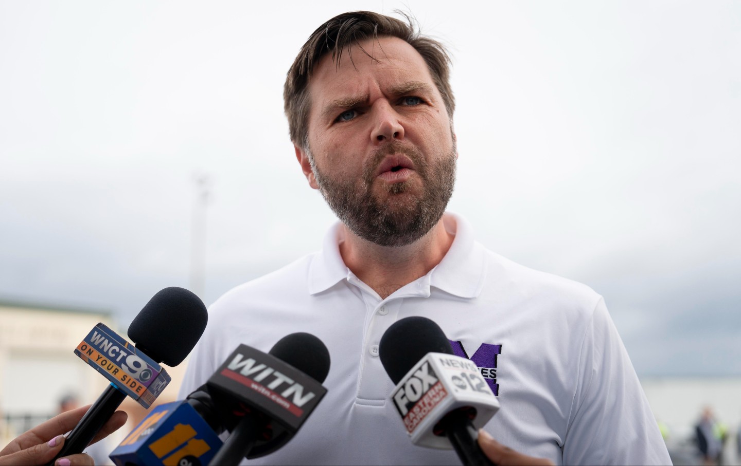 Republican vice presidential nominee, U.S. Sen. J.D. Vance (R-OH) speaks with media at the airport before he departs on September 14, 2024 in Greenville, North Carolina.