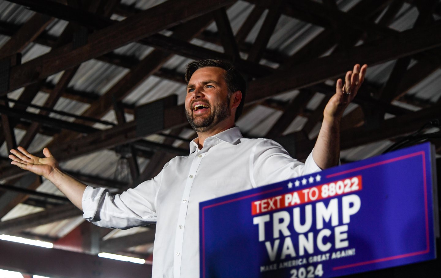 JD Vance speaks to the crowd at the Berks County Fairgrounds on September 21, 2024 in Leesport, Pennsylvania.