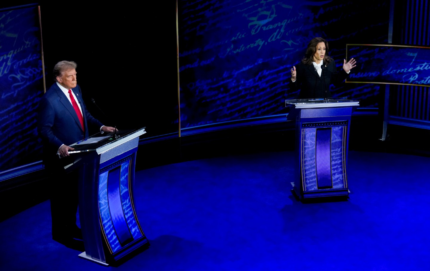 Vice President Kamala Harris, right, and former president Donald Trump during the second presidential debate at the Pennsylvania Convention Center in Philadelphia, Pennsylvania, on Tuesday, September 10, 2024.