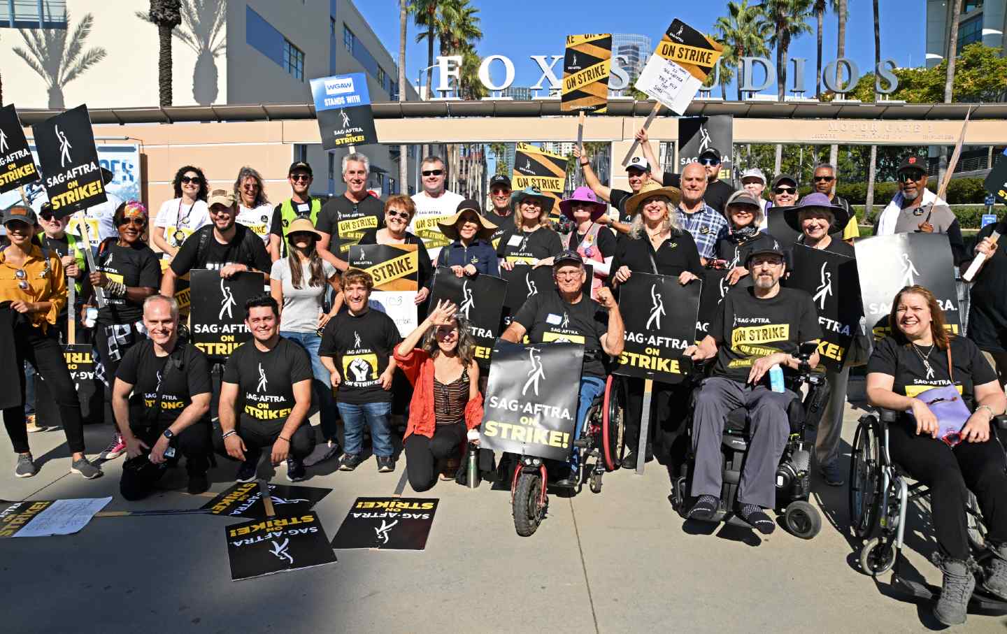 Members of Performers with Disabilities and Seniors pose on the SAG-AFTRA picket line at Fox Studios on October 26, 2023, in Los Angeles, California.