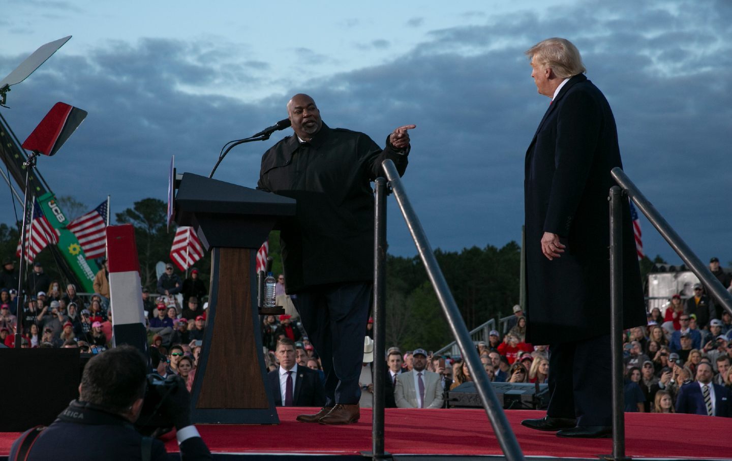 Soulmates: Mark Robinson joins the stage with Donald Trump during a rally at The Farm at 95 on April 9, 2022, in Selma, North Carolina.