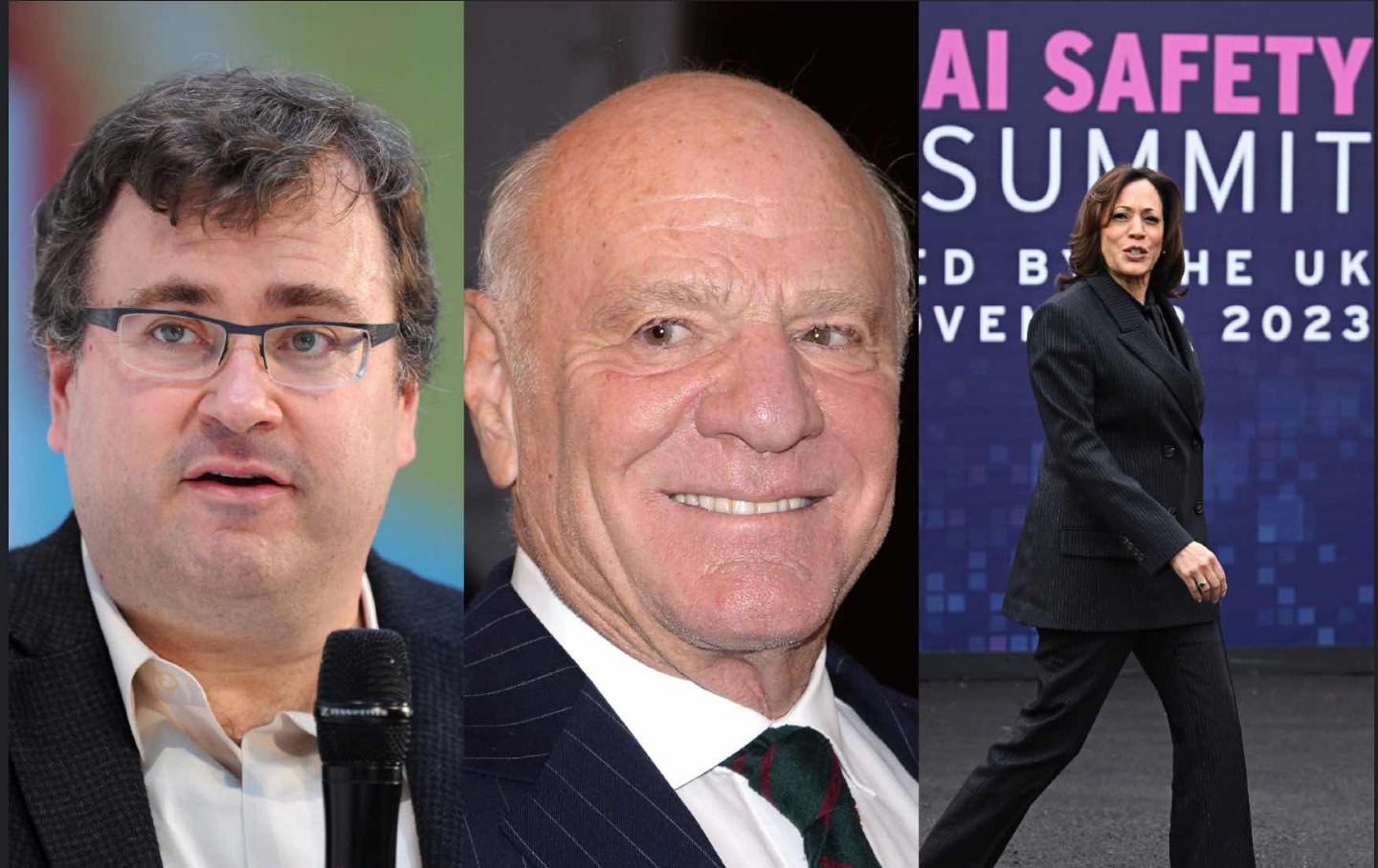 A tryptich of Reid Hoffman, Barry Diller, and VP Kamala Harris