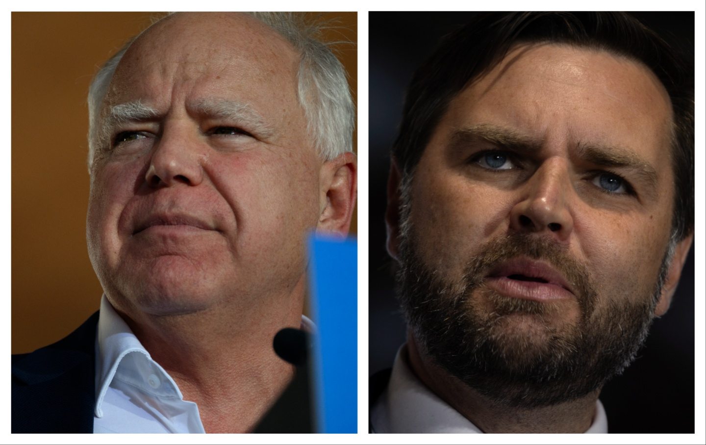 A split-screen image of Governor Tim Walz and Senator JD Vance.