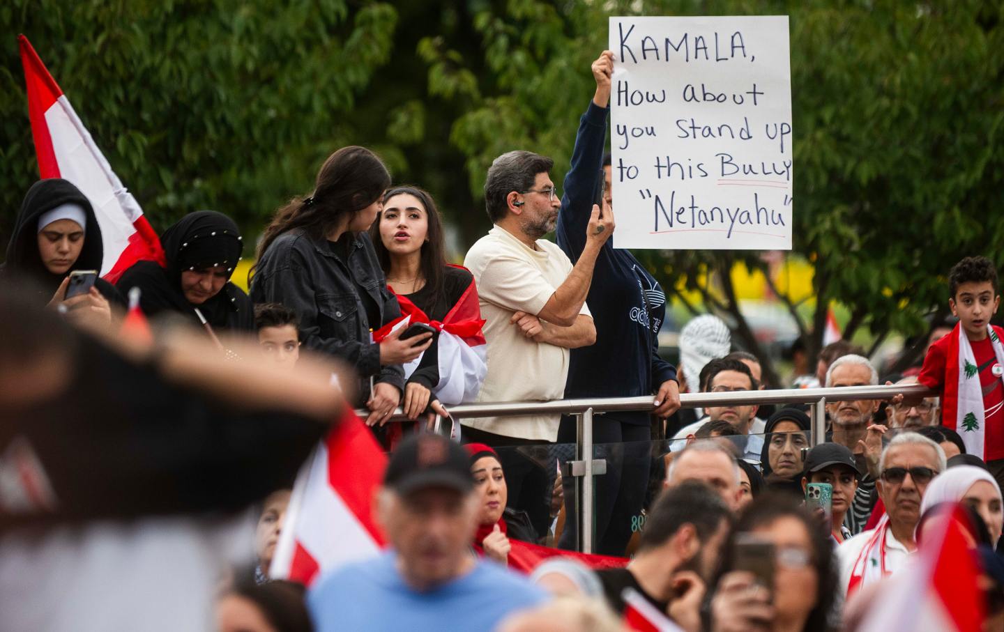 Hundreds gather for a rally in support of Lebanon in light of recent Israeli strikes that killed hundreds, on Wednesday, Sept. 25, 2024 in front of the Henry Ford Centennial Library in Dearborn, Mich.