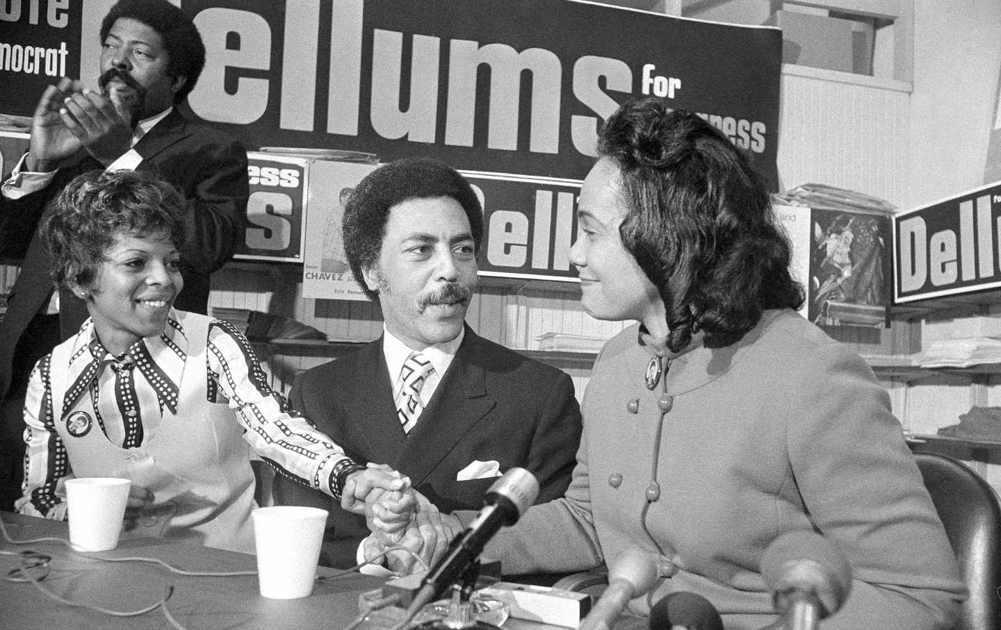 Democratic congressional candidate Ron Dellums, and his wife, Roscoe, left, clasp hands with Mrs. Coretta Scott King, widow of Martin Luther King. Mrs. King appeared at a press conference in Oakland October 30, 1970, to endorse Dellums’s candidacy for the Oakland-Berkeley congressional district.