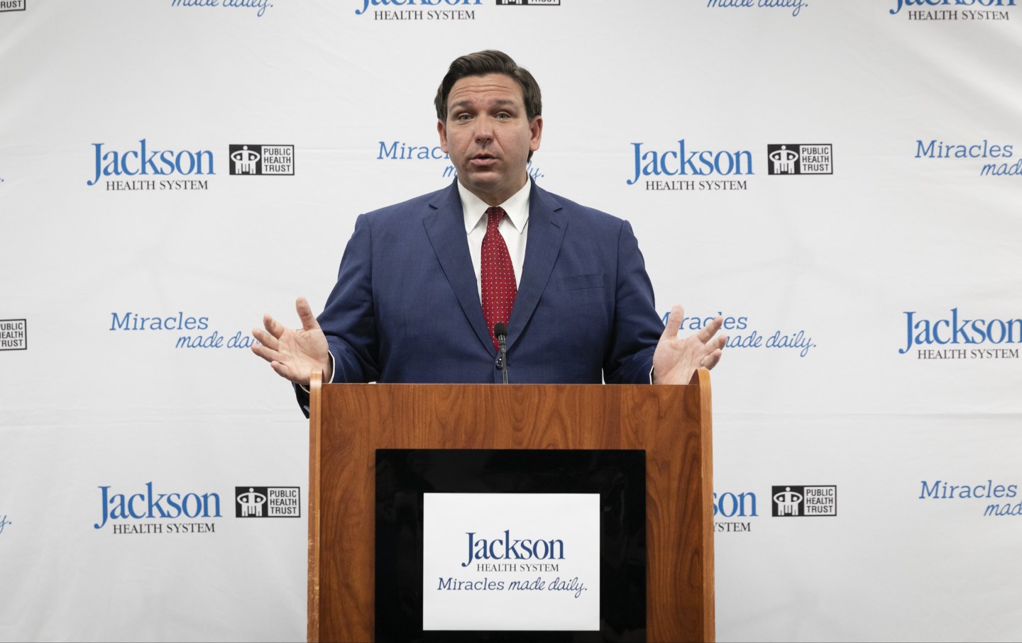 Ron DeSantis, governor of Florida, speaks during a press conference at Jackson Memorial Hospital in Miami, Florida, on Monday, July 13, 2020.