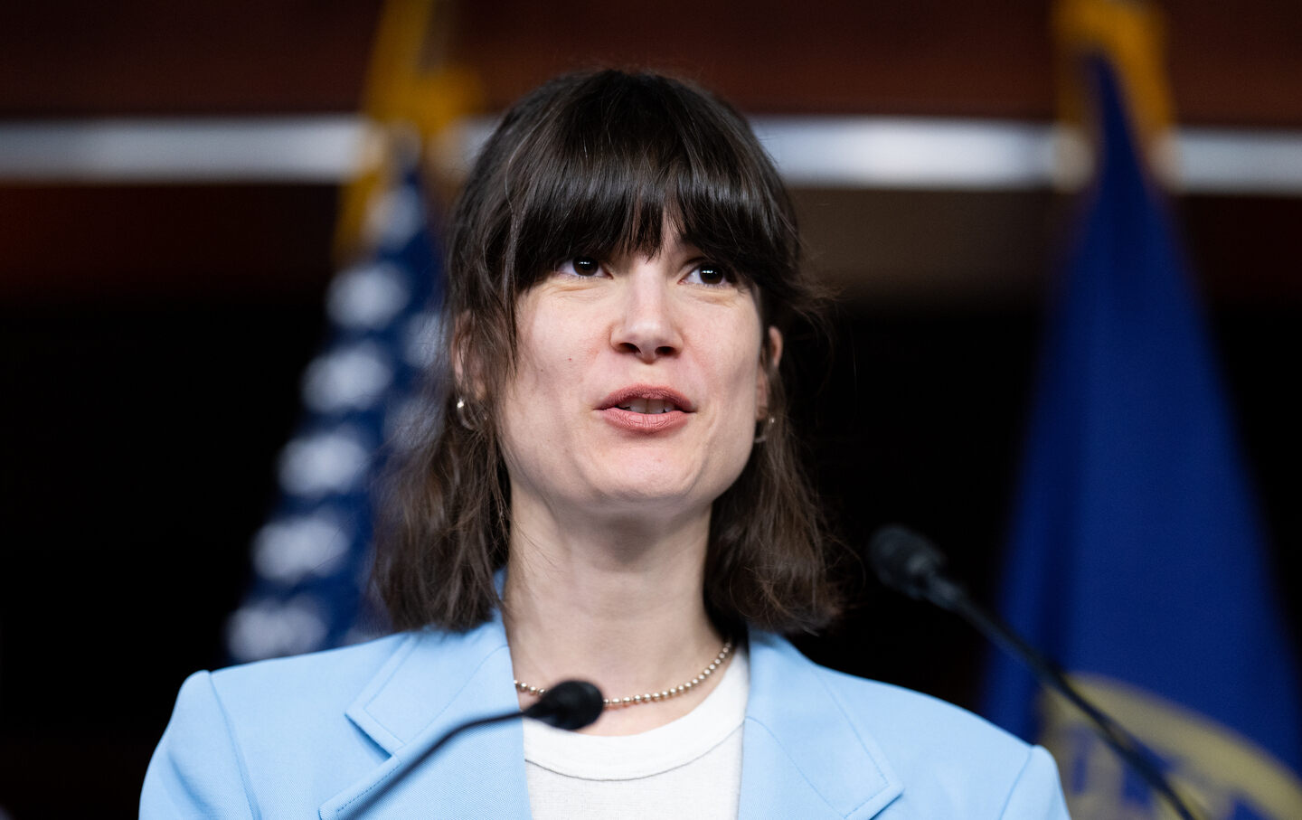 Representative Marie Gluesenkamp Perez (D-WA) participates in the Bipartisan Defending Borders, Defending Democracies Act news conference in the US Capitol on Wednesday, March 6, 2024.