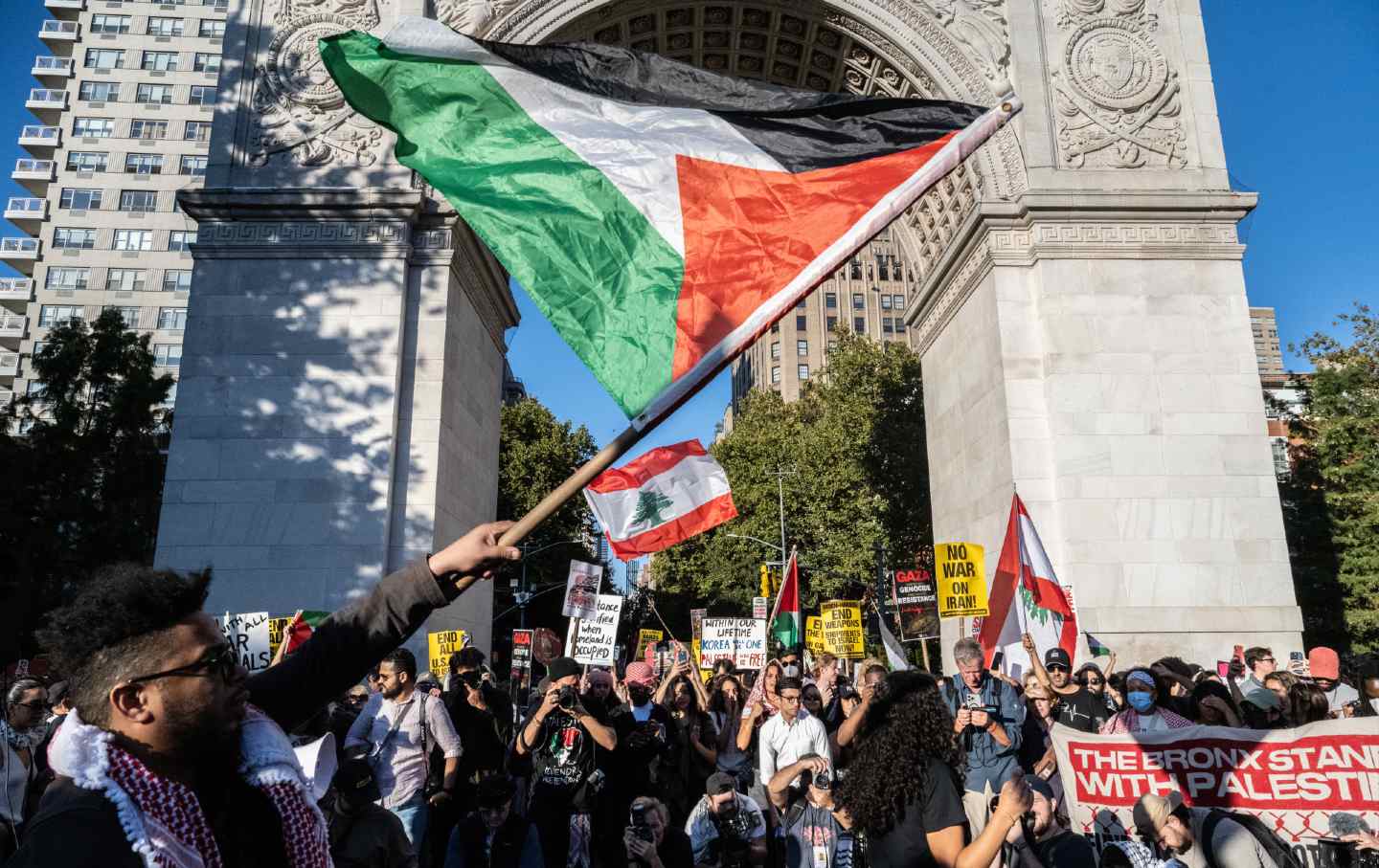 Protesters rally in support of Gaza and Lebanon in Washington Square Parl on October 5, 2024, in New York City.