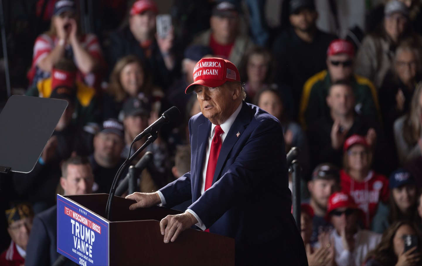 Donald Trump speaks during a rally at Dodge County Airport on October 06, 2024 in Juneau, Wisconsin.