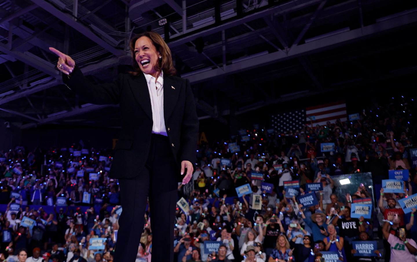 Democratic presidential candidate Vice President Kamala Harris takes the stage during a campaign rally on October 13, 2024, in Greenville, North Carolina.