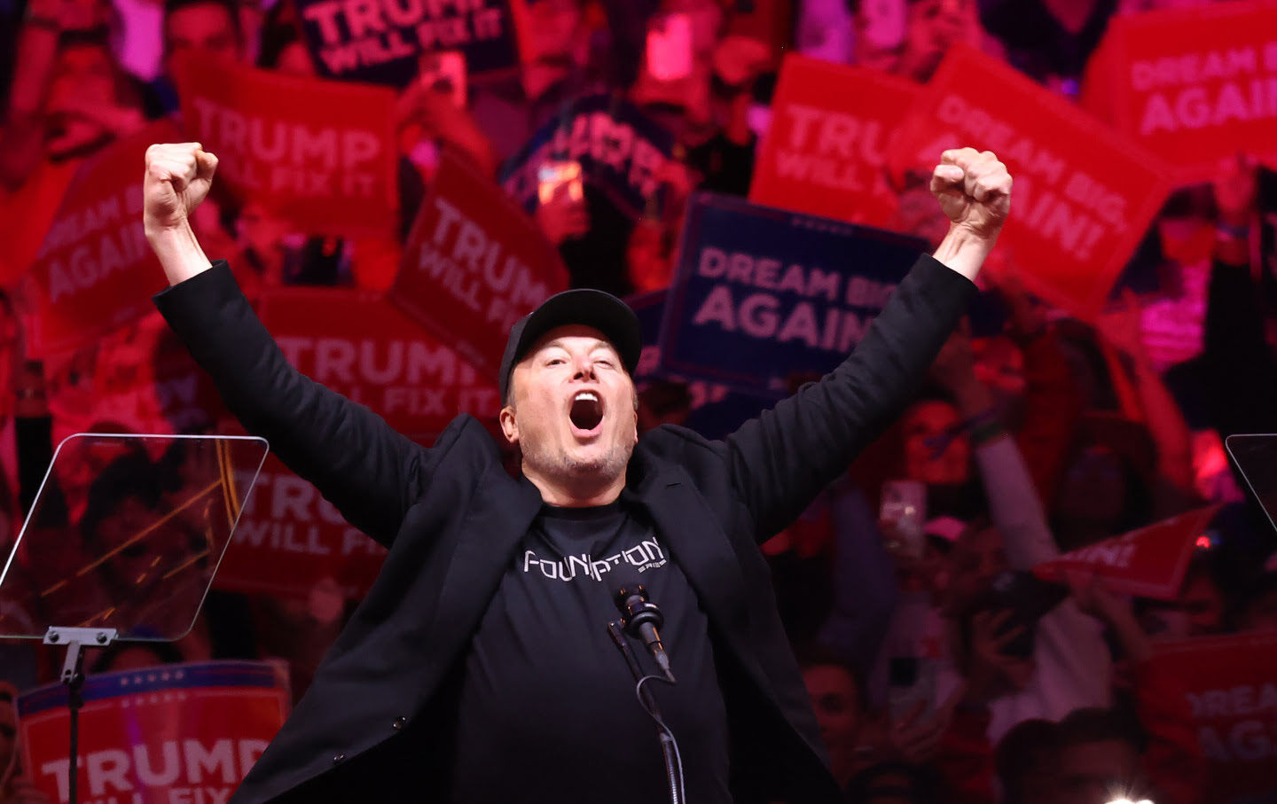 Tesla and X CEO Elon Musk on stage during a campaign rally for Republican presidential nominee, former president Donald Trump, at Madison Square Garden, on October 27, 2024.