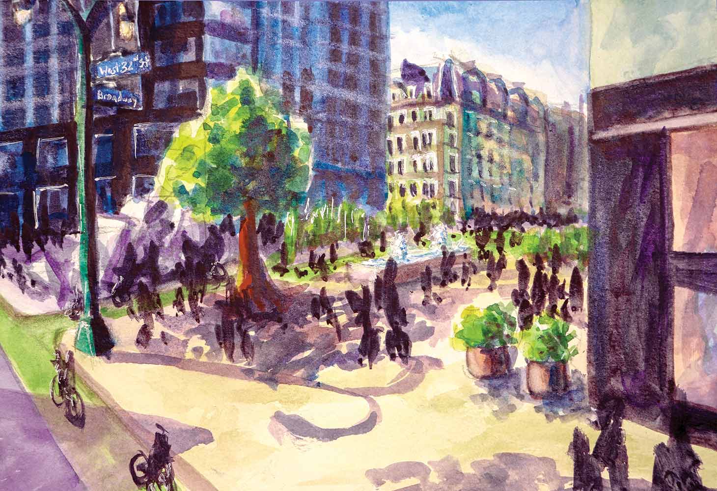 A painting by Noelle Hunter depicting the Broadway Linear Park from 32nd Street.