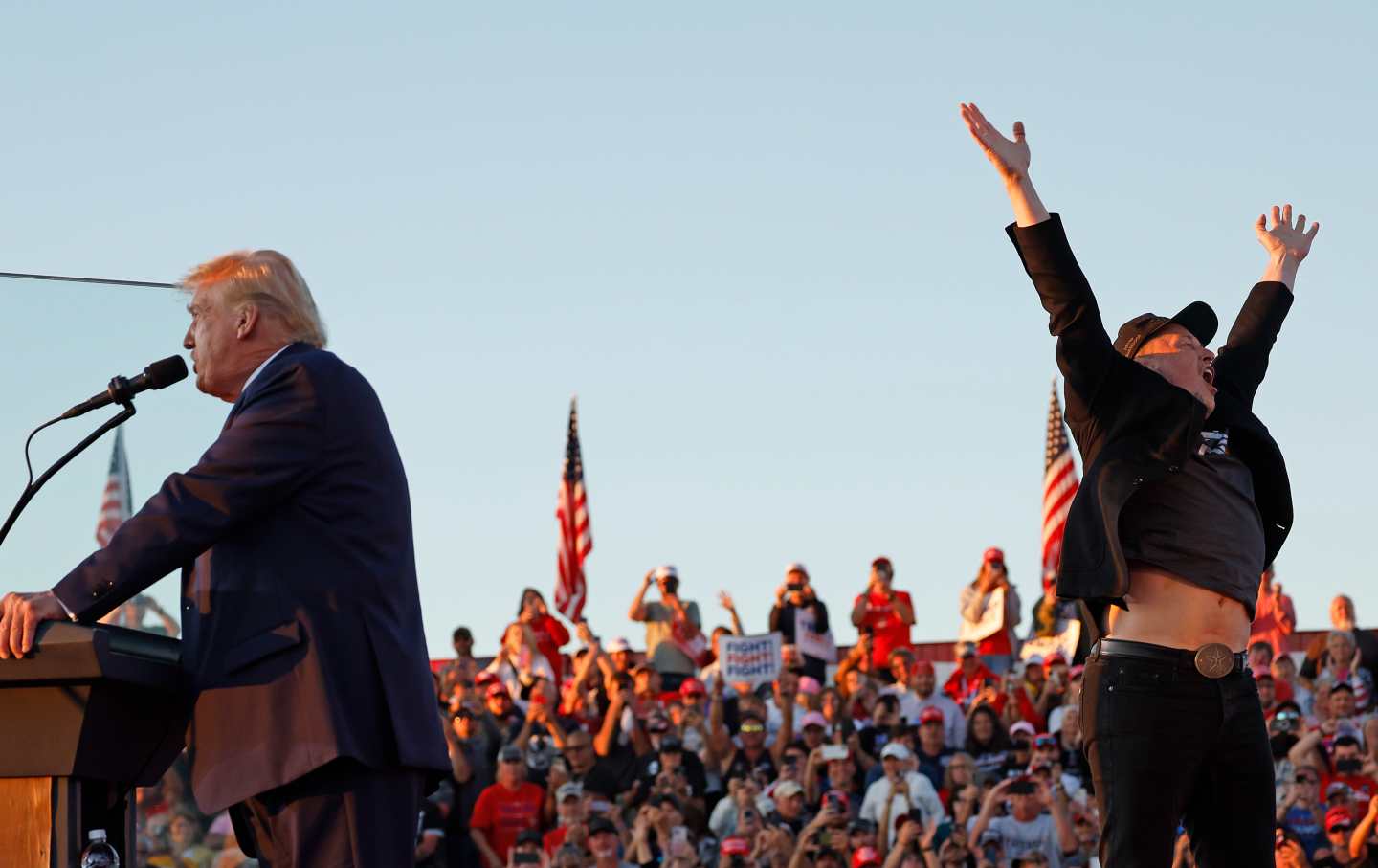 Elon Musk looks to take off at a Donald Trump rally in Butler, Pennsylvania.