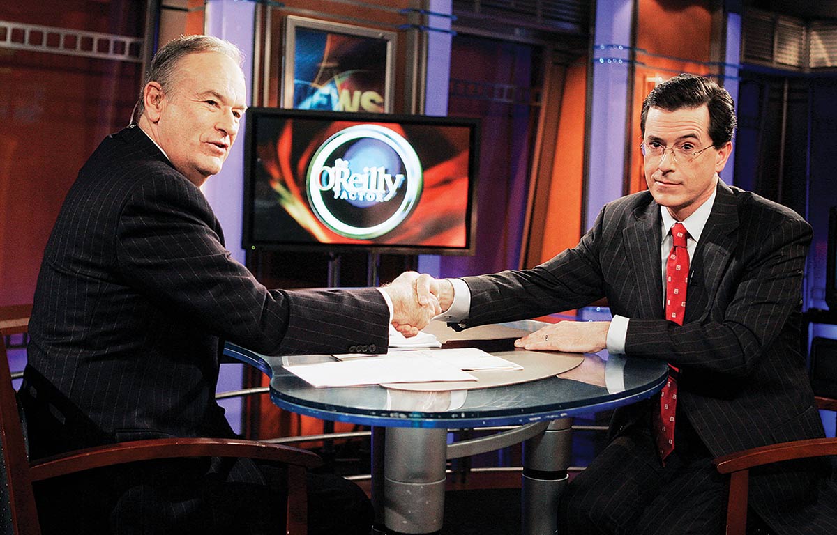 Fox News commentator Bill O‘Reilly and Stephen Colbert during an interview on Fox News on January 18, 2007.