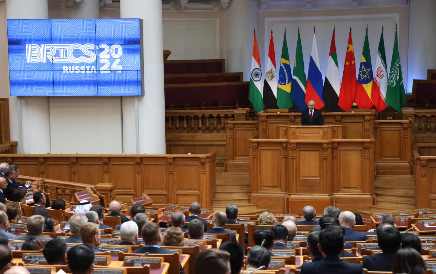 Russian President Vladimir Putin speaks during the plenary session of the 10th BRICS Parliamentary Forum at the Tauride Palace, July 11 2024, in Saint Petersburg, Russia.