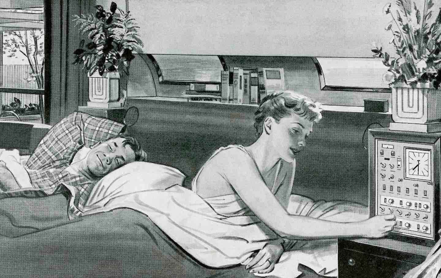 Vintage illustration of a couple in bed setting up their futuristic home automation system; screen print, 1955.