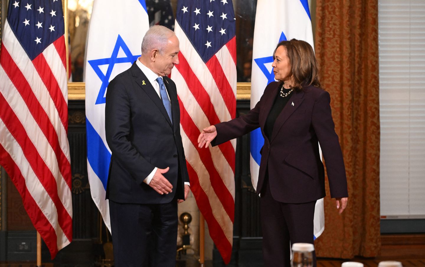 Vice President Kamala Harris meets with Israeli Prime Minister Benjamin Netanyahu in the vice president's ceremonial office at the Eisenhower Executive Office Building in Washington, DC, on July 25, 2024.