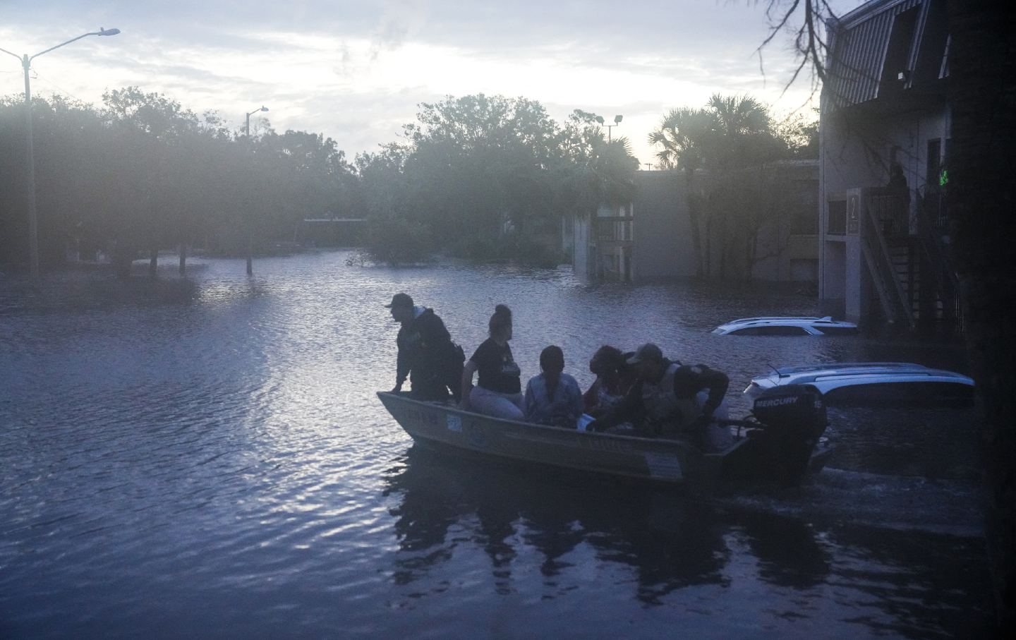 Residents are rescued on October 10, 2024, from a flooded apartment complex in Clearwater, Florida, after the passage of Hurricane Milton.