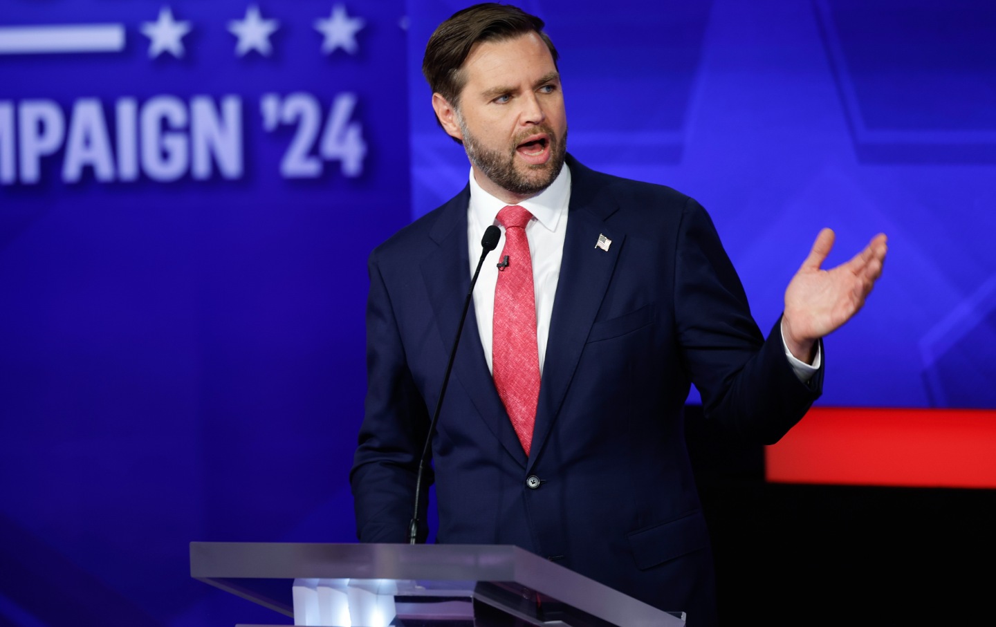 Republican vice presidential candidate Senator JD Vance (R-OH) participates in a debate at the CBS Broadcast Center on October 1, 2024, in New York City. This is expected to be the only vice presidential debate of the 2024 general election.