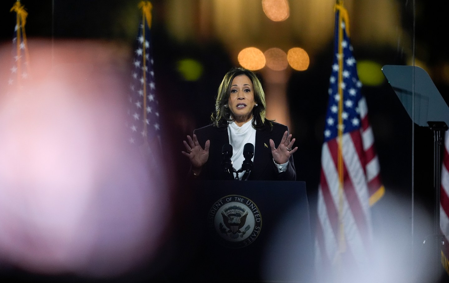 Wakil Presiden Kamala Harris, diapit oleh bendera Amerika, di atas panggung pada malam hari di Ellipse.