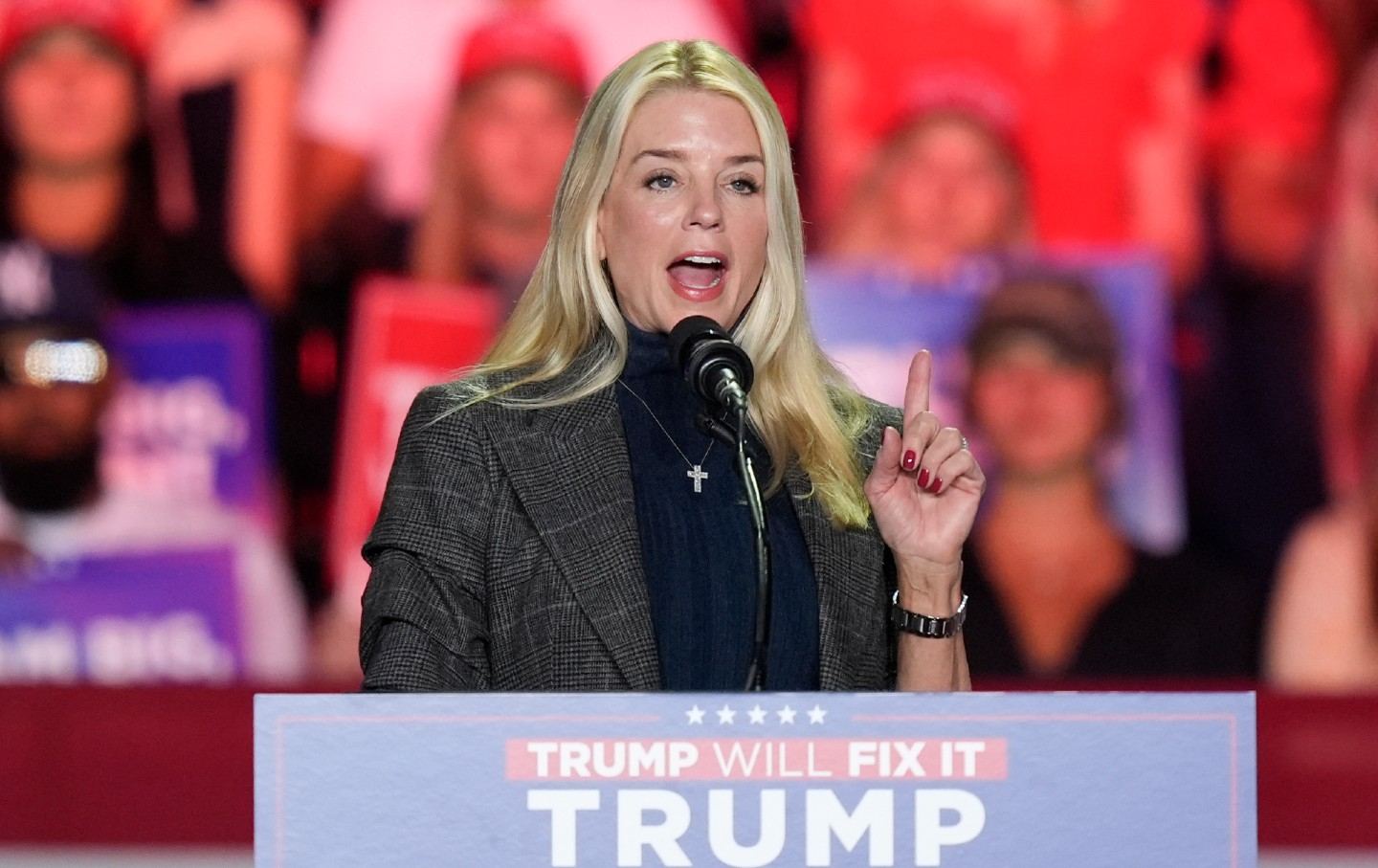 Former Florida attorney general Pam Bondi speaks before Republican presidential nominee former president Donald Trump at a campaign rally at First Horizon Coliseum, November 2, 2024, in Greensboro, North Carolina.