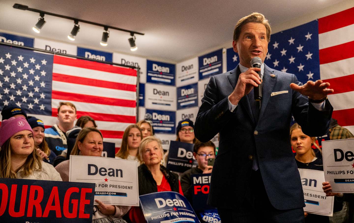 Representative Dean Phillips speaks to supporters during a campaign rally on January 22, 2024.