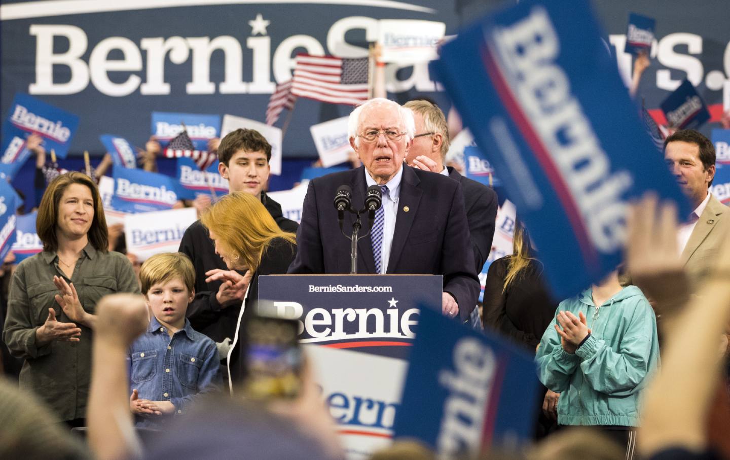 Senator Bernie Sanders speaks during a primary night rally in Manchester, New Hampshire, on Tuesday, February 11, 2020.