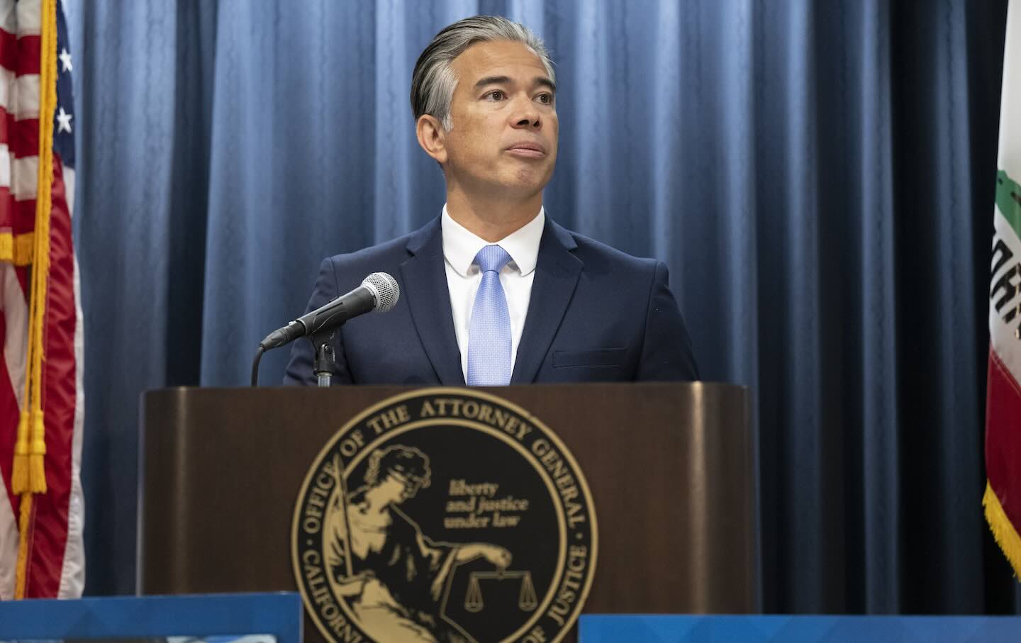 California Attorney General Rob Bonta speaks during a press conference in Los Angeles.