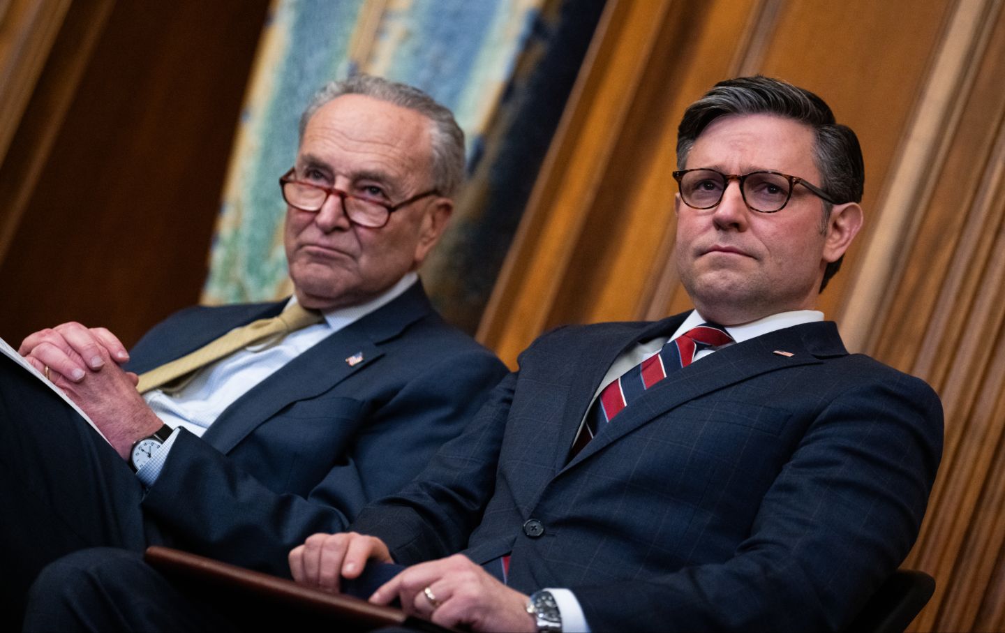 Chuck Schumer and Mike Johnson attend a Menorah lighting to celebrate the eight-day festival of Hanukkah, in the U.S. Capitol on Tuesday, December 12, 2023.