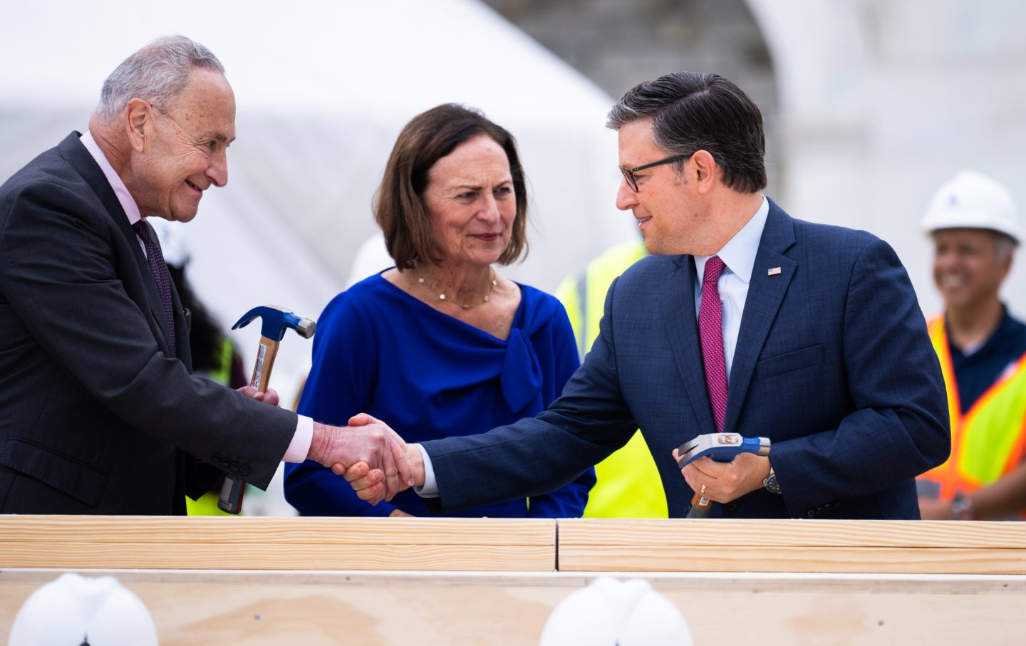 Senate Majority Leader Charles Schumer, D-N.Y., Sen. Deb Fischer, R-Neb., and Speaker of the House Mike Johnson, R-La., participate in the 