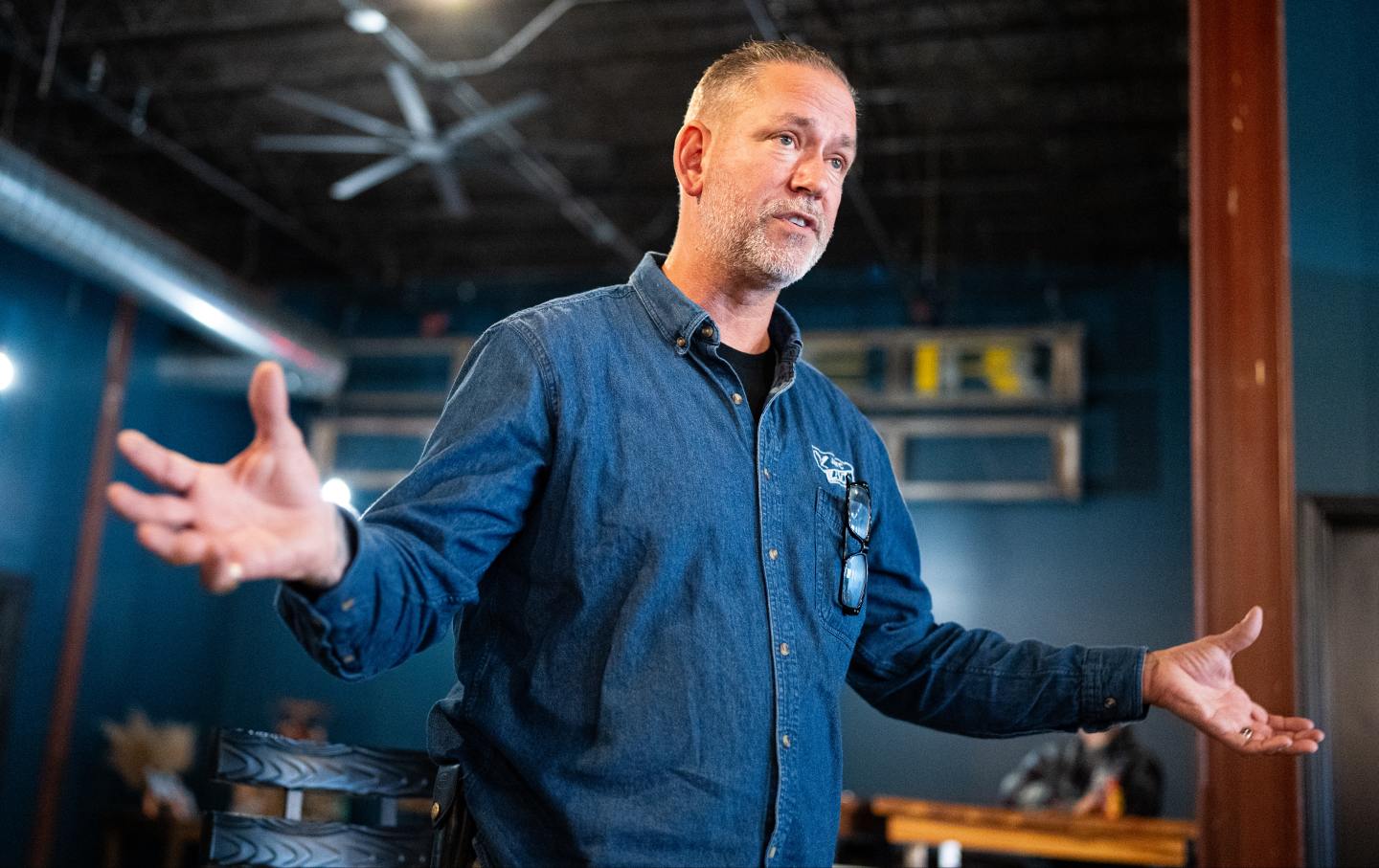 Independent Senate candidate Dan Osborn speaks during his campaign stop at the Handlebend coffeshop in O'Neill, Nebraska, on Monday, October 14, 2024.