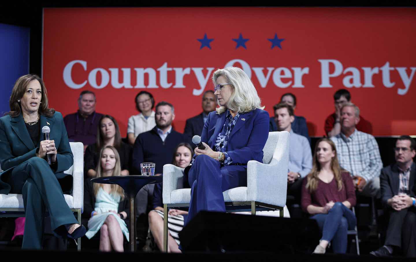 Democratic presidential candidate Vice President Kamala Harris speaks during a moderated conversation with former US representative Liz Cheney on October 21, 2024.