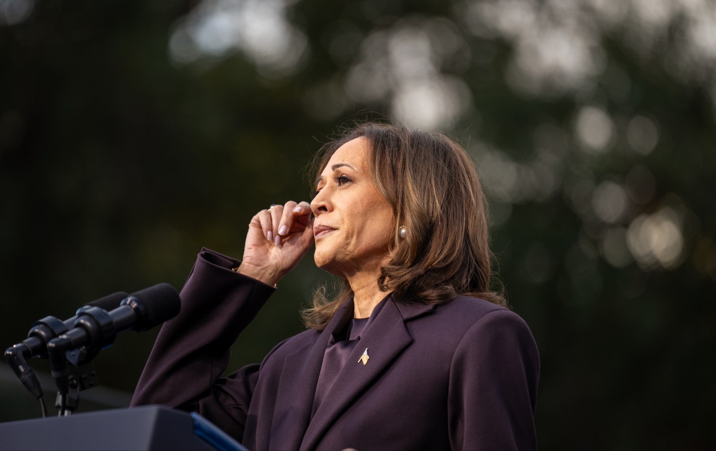 Kamala Harris pauses while speaking on stage as she concedes the election, at Howard University on November 6, 2024, in Washington, DC.