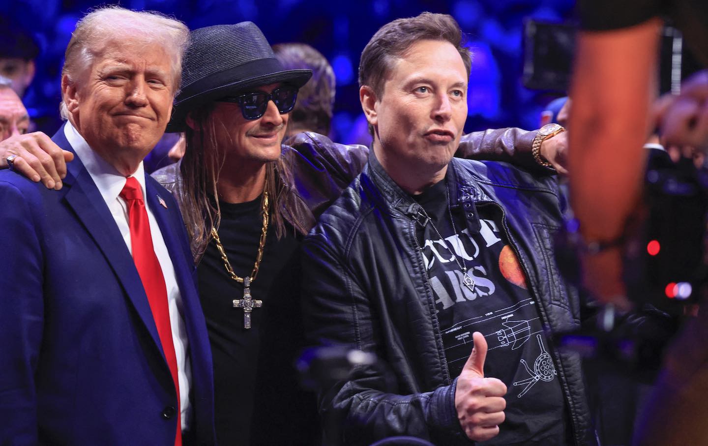 Donald Trump, Kid Rock, and Tesla and SpaceX CEO Elon Musk pose for a photo as they attend UFC 309 at Madison Square Garden in New York, in November 2024.