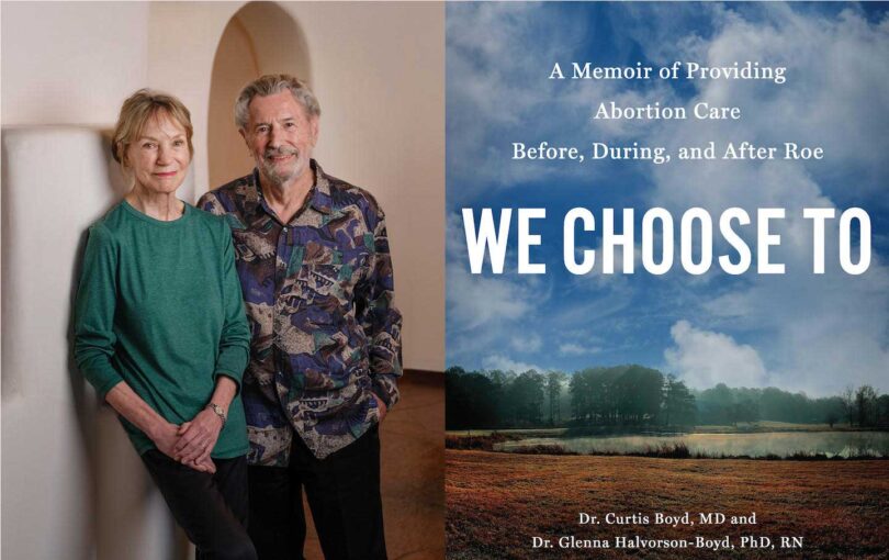 A split screen image of Glenna Halverson-Boyd and Dr. Curtis Boyd and the cover of their new book, 