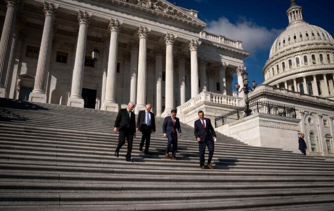 US House majority whip Representative Tom Emmer (R-MN), US House majority leader Representative Steve Scalise (R-LA), US Speaker of the House Mike Johnson (R-LA) and chair of the National Republican Congressional Committee Representative Richard Hudson (R-NC) arrive for a news conference on the results of the 2024 election outside of the US Capitol on November 12, 2024, in Washington, DC.