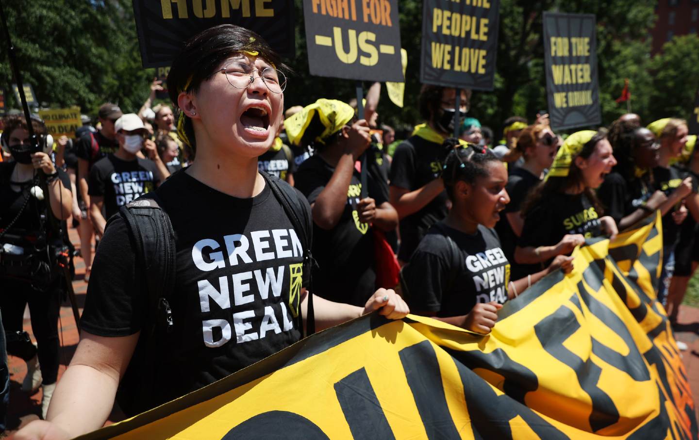 Hundreds of young climate activists rally in Lafayette Square on the north side of the White House to demand that President Joe Biden work to make the Green New Deal into law on June 28, 2021, in Washington, DC.