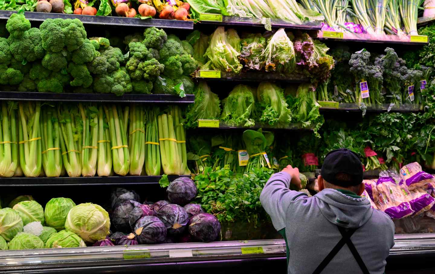 Een medewerker van een supermarkt heeft schappen met sla en andere groenten in voorraad.