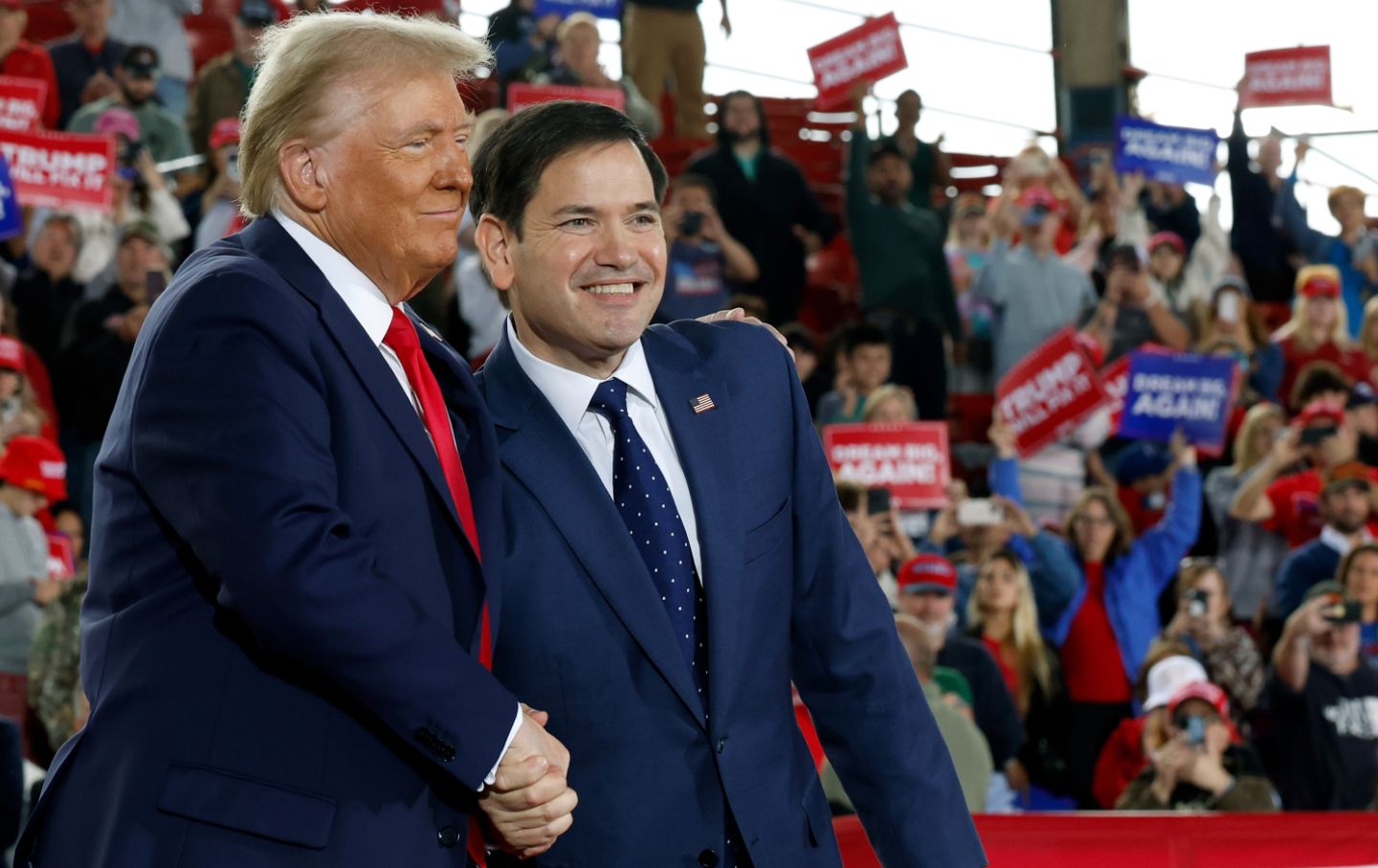 President-elect Donald Trump appears onstage with US Senator Marco Rubio (R-FL) at the J.S. Dorton Arena on November 4, 2024, in Raleigh, North Carolina.