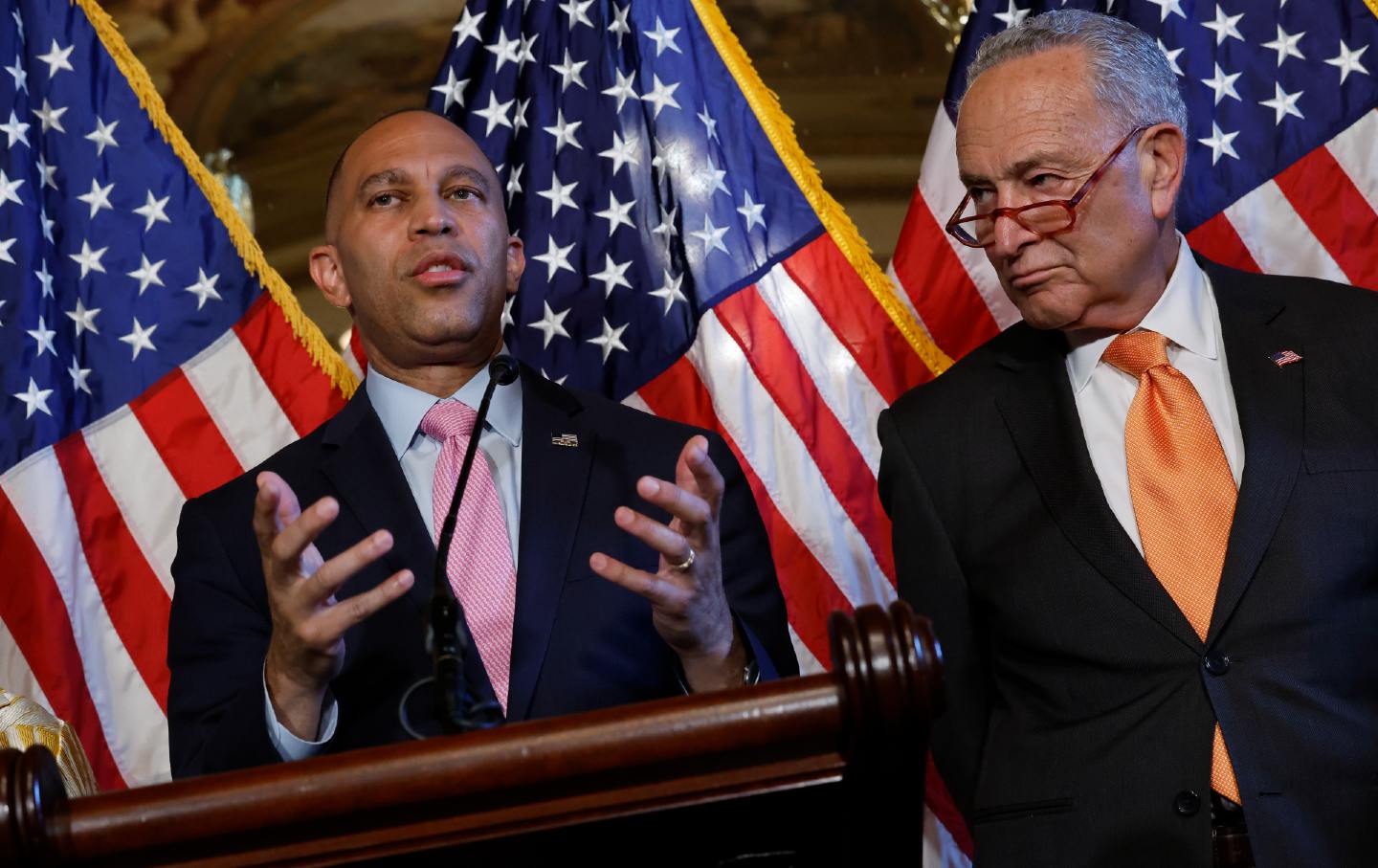 House minority leader Hakeem Jeffries (D-NY) (L) and Senate majority leader Chuck Schumer (D-NY), join fellow congressional Democrats to reintroduce the Freedom to Vote Act in the Lyndon B. Johnson Room at the US Capitol on July 18, 2023 in Washington, DC.