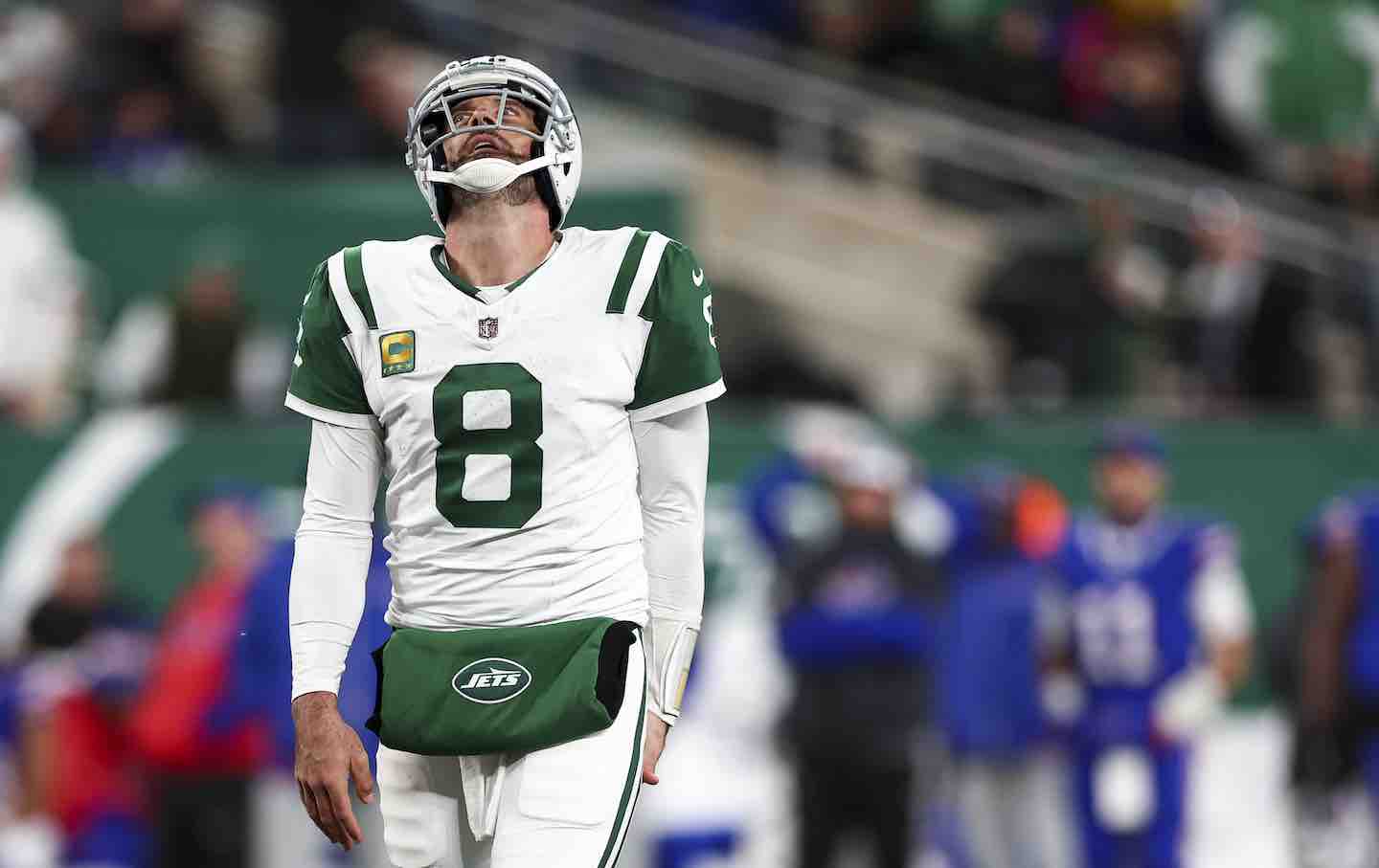 Aaron Rodgers of the New York Jets reacts after a play during the second half of an NFL game against the Buffalo Bills at MetLife Stadium, 2024.