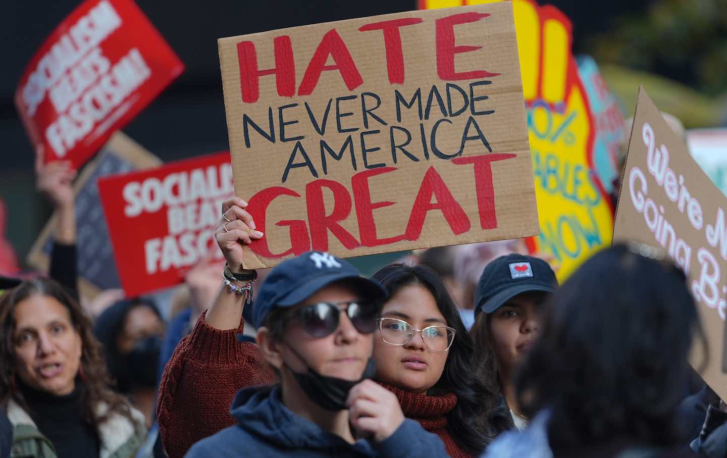 Thousands gather for the Protect Our Futures march in New York City on November 9, 2024, protesting Republican Donald Trump's reelection as president.