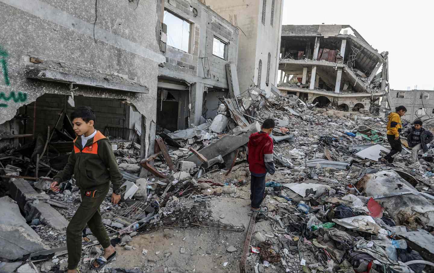 A view of debris of destroyed buildings as the scale of destruction, caused by Israeli attacks, comes to surface following the withdrawal of Israeli army in Khan Yunis, Gaza on December 10,2024.