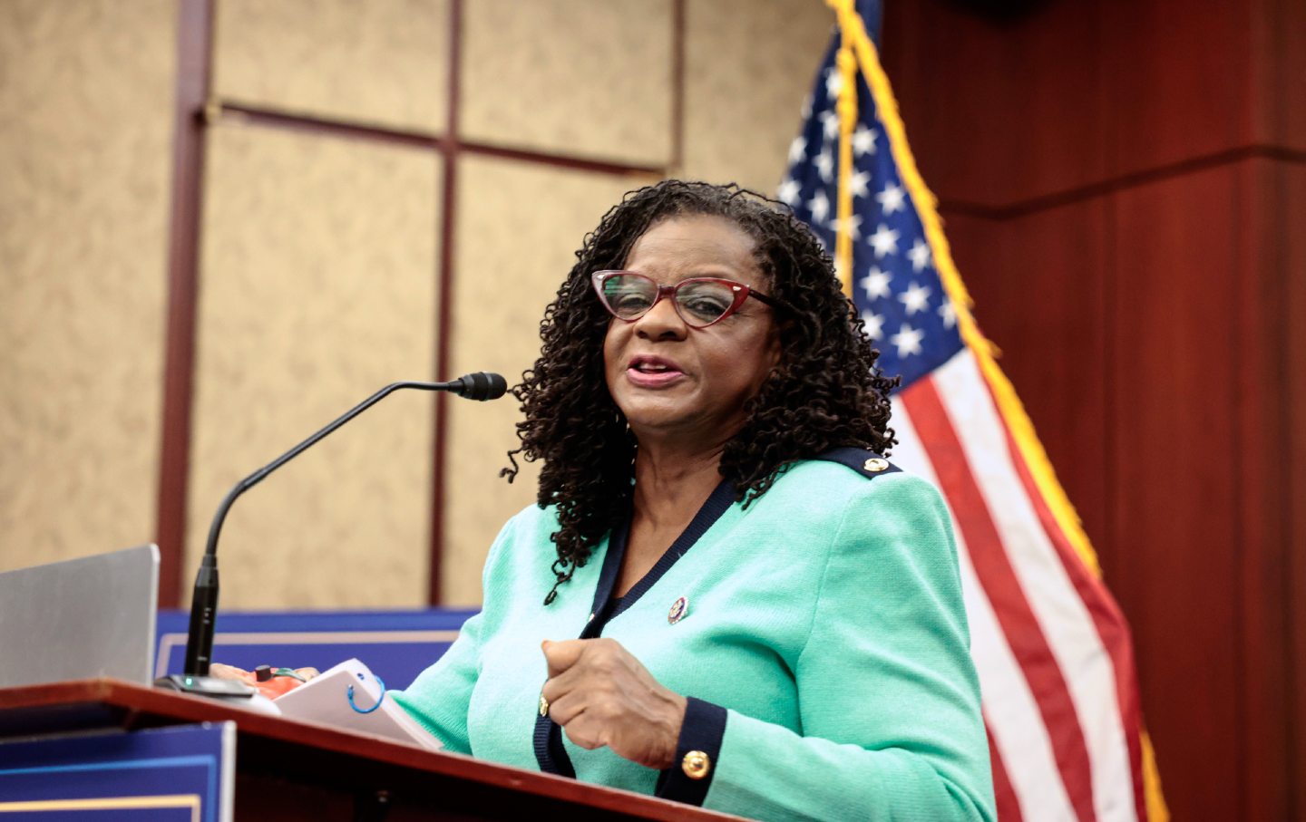 Representative Gwen Moore (D-WI) speaks at a press conference at the US Capitol on December 14, 2021 in Washington, DC.