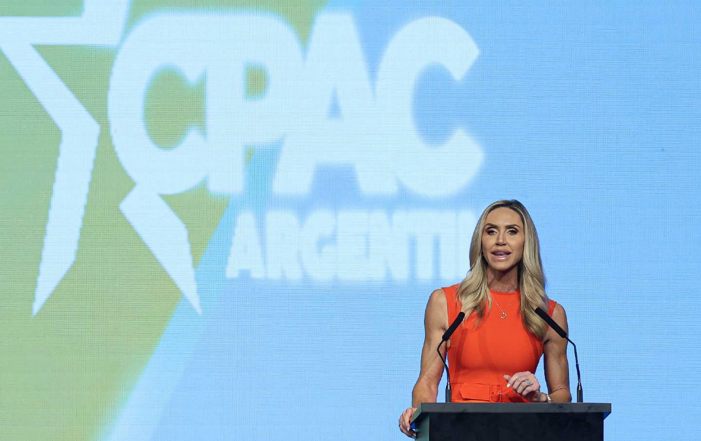 Lara Trump, Donald Trump's daughter-in-law, speaks in front of attendees during the Conservative Political Action Conference (CPAC) in Buenos Aires, Argentina, on December 4, 2024.