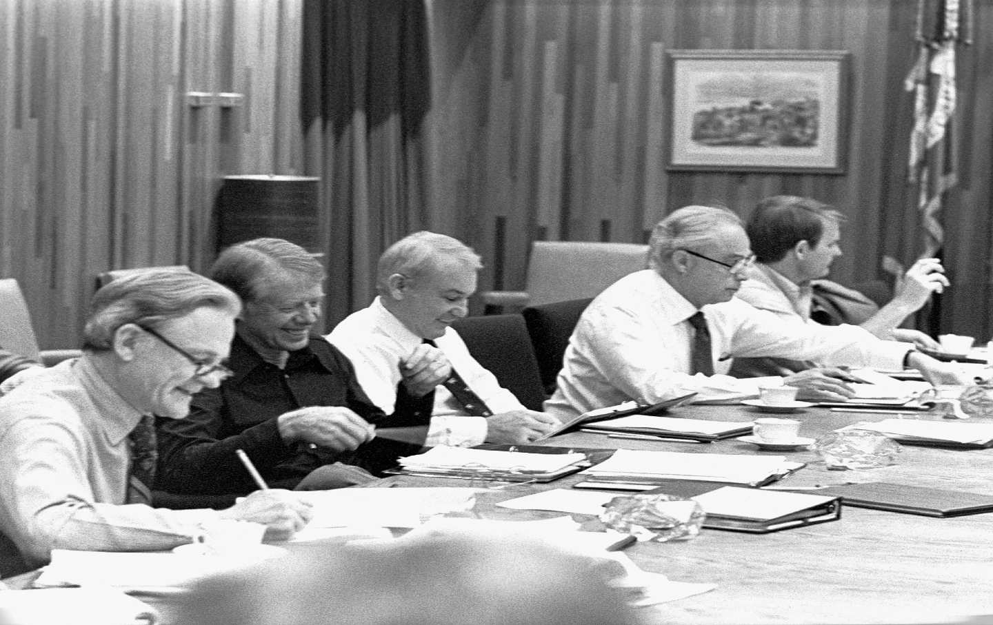 Jimmy Carter meets with cabinet members to discuss energy and inflation policy in 1979.